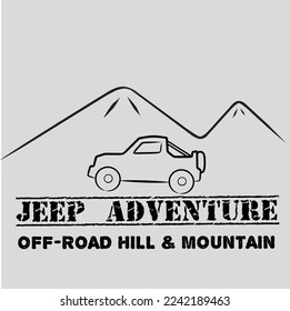 T-shirt design for group tour adventure activities on off-road jeeps on hills and mountains. Editable text. vector format.