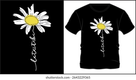 t-shirt design with a hand drawn daisy flower and minimalist text in a vertical layout