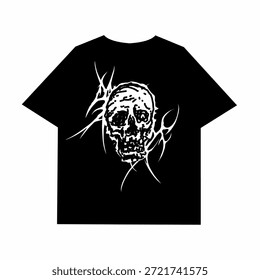 Design de camiseta com desenho à mão estilo edgy crânio escuro, perfeito para roupas de rua, gótico, rock e vestuário de design gráfico alternativo