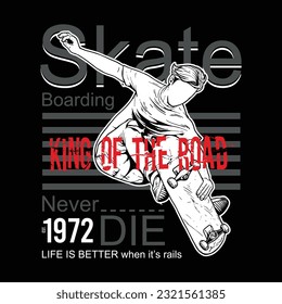 T-shirt design with hand drawn illustration of boy flying on skateboard