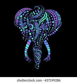 T-shirt design with hand-drawn ethnic animals collection; mehendi tatoo style. Elephant print. Ethnic african, indian, asia, totem tatoo elephant. Isolated vector illustration.