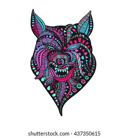 T-shirt design with hand-drawn ethnic animals collection; mehendi tatoo style. Wolf print. Ethnic african, indian, asia, totem tatoo, vector illustration.