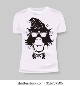 T-shirt design with hand-drawn hipster monkey. Vector illustration