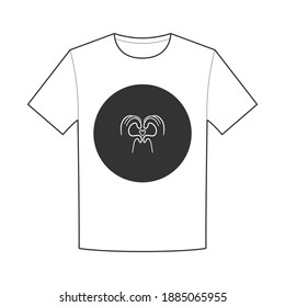 T-shirt design with hands up and folded in the form of a silhouette of a heart on a black background in a circle.