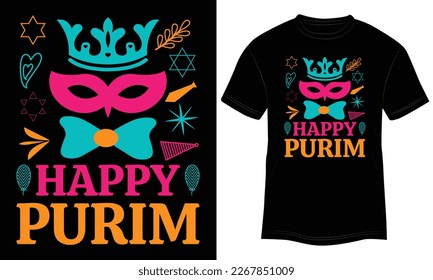 T-shirt Design Happy Purim Vector Typography Illustration and Colorful Black Background