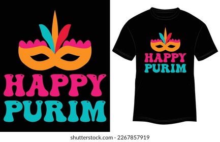 Diseño de camisetas Happy Purim Vector Typografía Ilustración y colorido fondo negro