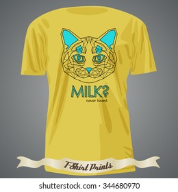 t-shirt design with Head of abstract Cat in linear design with text - Milk