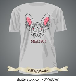t-shirt design with Head of Cat breed sphinx in linear design with text Meow