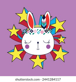 T-shirt design of the head of an Easter bunny surrounded by stars on a violet background.. sstkEaster