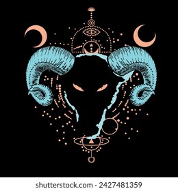 T-shirt design of the head of a goat with horns and an abstract background.