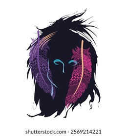 T-shirt design with the head of a rocker on a white background and colored feathers. Glam rock poster.