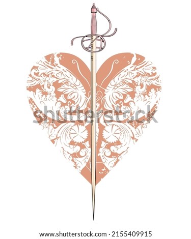 T-shirt design with a heart adorned with arabesques and an ancient sword isolated on wite 