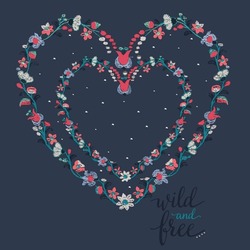 Tshirt Design With HEART, Print Designs For Women's T Shirt. Print Embroidery Vector Illustration For Fashion Graphics, Decorated Women's Fashion Graphic - You Can Enhance Your Design With Rhinestuds