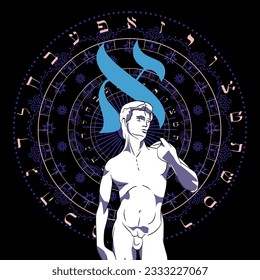 T-shirt design of the Hebrew alphabet next to the statue of David by Michelangelo isolated on black. Hebrew letter called Aleph next to Renaissance artwork.