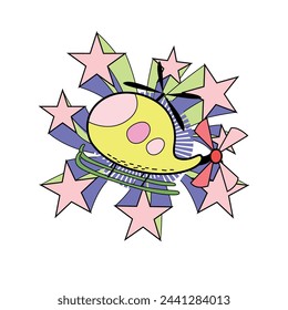 T-shirt design of a helicopter surrounded by stars on a white background. Children's illustrations.