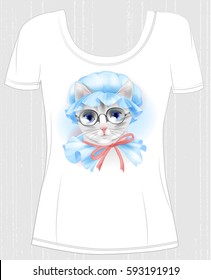t-shirt design  with  hipster cat. Vintage cat with glasses. Design for women's t-shirt