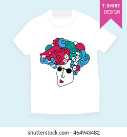 T-shirt design. Hipster style. Vector illustration with female image