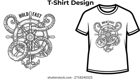 T-Shirt-Design von Hold schnelle Typografie mit Schiffsrad für nautisches Logo-Design, Meer Ozean Reise-Abzeichen, Seemann Emblem und einzeln auf transparenter Navigation grafische Illustration