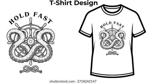T-Shirt-Design von Hold schnelle Typografie mit Schlange um Anker für nautisches Logo gewickelt, Meer Tattoo Abzeichen, Marine Seemann Emblem und einzeln auf transparenter Gefahr grafische Illustration