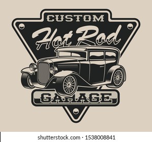 T-shirt design with a hot rod in vintage style on the white background.