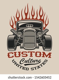 T-shirt design with a hot rod in vintage style on the white background.