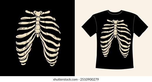 Design de camiseta com ossos do tórax de esqueleto humano. Fantasia de Halloween. Ilustração de vetor plano isolada no plano de fundo preto.