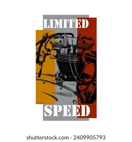 T-shirt design with illustration of an engine on a white background