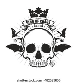 T-shirt design illustration - King of chaos. Vintage skull and lettering