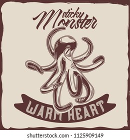 T-shirt design with illustration of an octopus on dusty background.