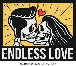 T-shirt design illustration of a pair of skulls kissing