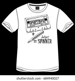T-shirt design with image of a Audio Cassette and a pencil. Vector illustration.