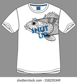 T-shirt design with image of fish and text "Shut up". Vector illustration.