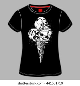 T-shirt design with image of a Ice Cream cone with a Skulls. Vector illustration.