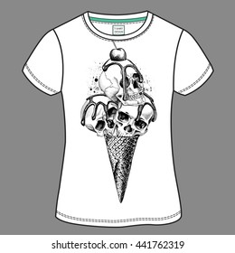 T-shirt design with image of a Ice Cream cone with a Skulls and a cherry. Vector illustration.