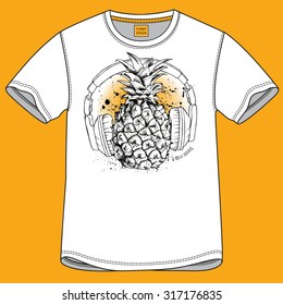 T-shirt design with image of pineapple in headphones. Vector illustration.
