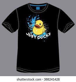 T-shirt design with the image Rubber duck. Vector illustration.