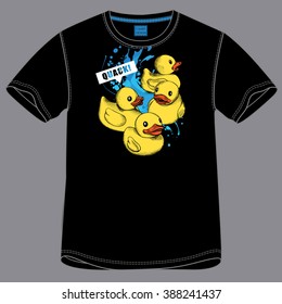 T-shirt design with the image Rubber ducks. Vector illustration.