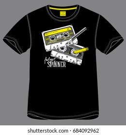 T-shirt design with image of a two Audio Cassettes and a yellow pencil. Vector illustration.