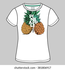 The t-shirt design with the image of the two pineapple together. Vector illustration.
