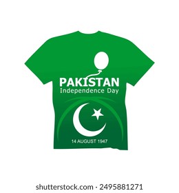 Diseño de camiseta Día de la Independencia de Pakistán. 14 de agosto de 1947. Día de Pakistán con luna y estrella. Felices vacaciones en el Día Verde de Pakistán