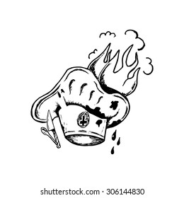 T-shirt design with ink hand drawn hat, knife and spoon, blood and fire