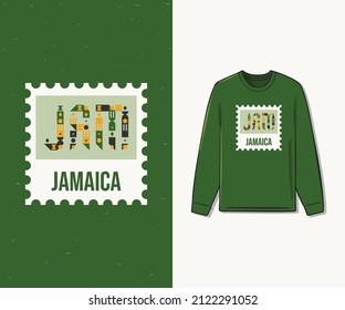 T-shirt design inspiration with the "JAM" (JAMAICA) logo, accompanied by the "FRAME" symbol. premium vector