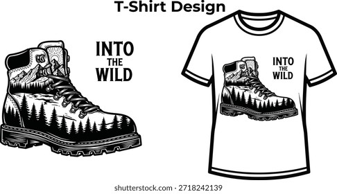 T-shirt design de Into tipografia selvagem com botas de caminhada e paisagem para logotipo ao ar livre, emblema de aventura de viagem de montanha, camping emblema da natureza e isolado na ilustração gráfica transparente