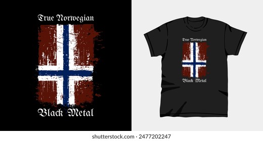 T-shirt design with an inverted Norwegian flag and the text 'True Norwegian Black Metal.' Metal music-themed tee print with a scratched, rough, grunge texture.