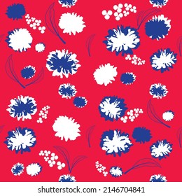 T-shirt design for kids clothing. Hand drawn abstract ditsy flowers seamless pattern on red. Vector background. Spring seamless pattern with red and white flower. Blue flower.