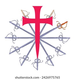 Diseño de camiseta de una gran cruz medieval con un conjunto de espadas renacentistas en un círculo.