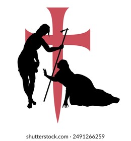 T-shirt design of a large medieval cross next to the silhouettes of Jesus and Mary Magdalene kneeling. Outline of the work called Don't touch me by Titian.