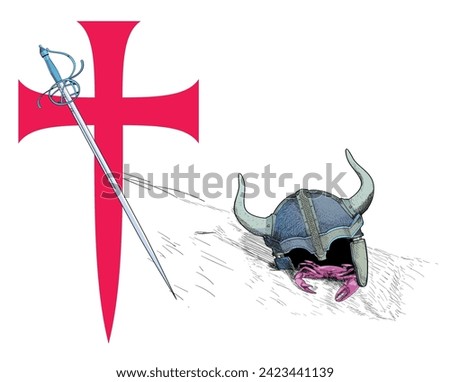 T-shirt design of a large medieval cross next to a sword and a fallen horned helmet. Illustration on themes of knights errant.