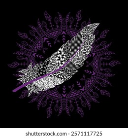 T-shirt design of a large white feather on a mandala of violet feathers on a black background.