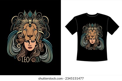 T-shirt design with Leo zodiac sign. Lion Zodiac symbol with beautiful girl hand drawn vector colorful illustration on black background. Astrological contemporary art, magic female character.